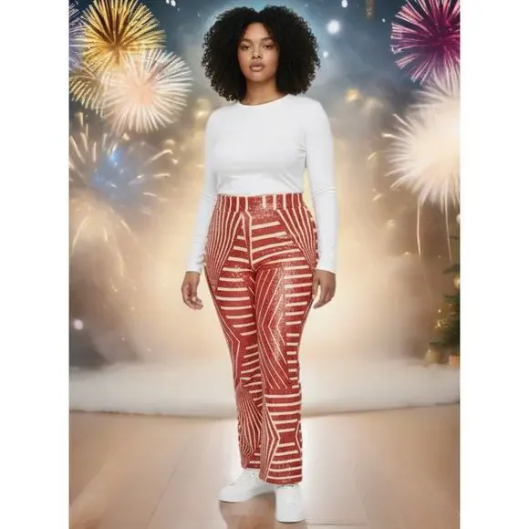 Red & Orange screaming stretch sequin flared stretch pants (125) - Picture 10 of 11